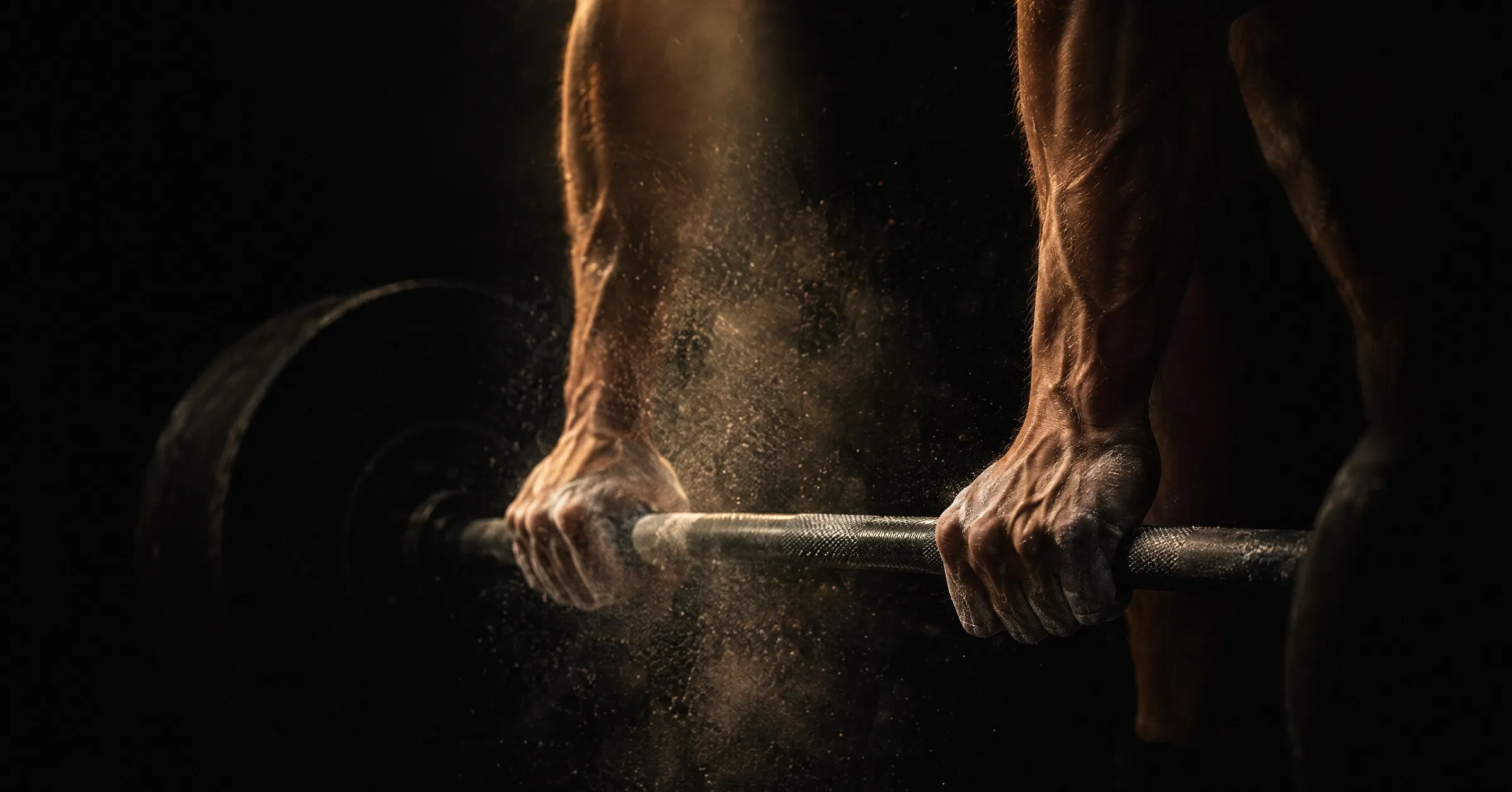 Magnezija išteptos rankos laiko štangą tamsioje sporto salėje